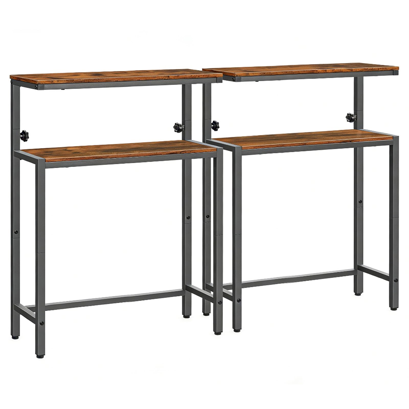 HOOBRO Lot de 2, Table d’Entrée à 2 Niveaux, Table de Canapé de Style Industriel, pour Petits Espaces, Couloir Étroit, Salon, Hauteur Réglable de 80 à 100 cm, Marron Rustique et Noir EBF96XGP201