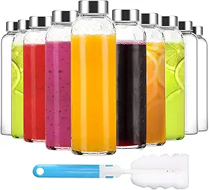 Clear Glass Bottles with Lids 18 oz, Reusable Glass Water Bottles with Stainless Steel Cap for Juicing, Refrigerator,100% Leak Proof, BPA Free, Juice Water Bottle Set of 10
