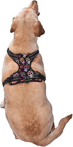 Miniatura 2 de Arnés reflectante con patrón floral de calaveras de azúcar, chaleco suave sin tirones, para perros pequeños, medianos y grandes, tamaño mediano