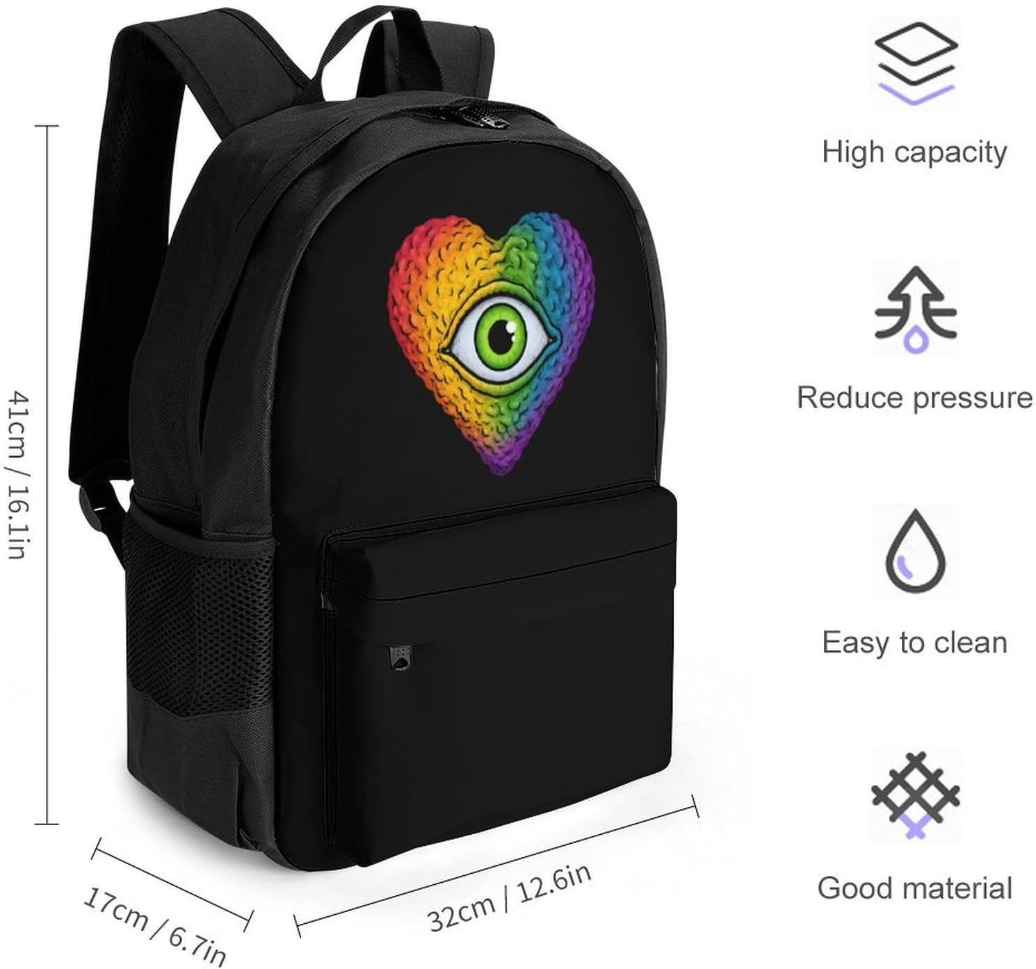 Rainbow Heart All-Seeing Eye Backpack Lightweight Backpacks Work Bag