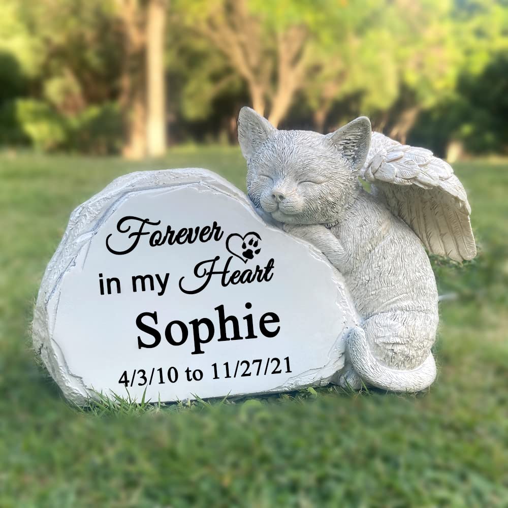 LAGGATTS Personalized Pet Cat Memorial Stone with A Sleeping Cat Angel Statue, Cat Grave Markers, Cat Headstone Tombstone-Forever in My Hearts