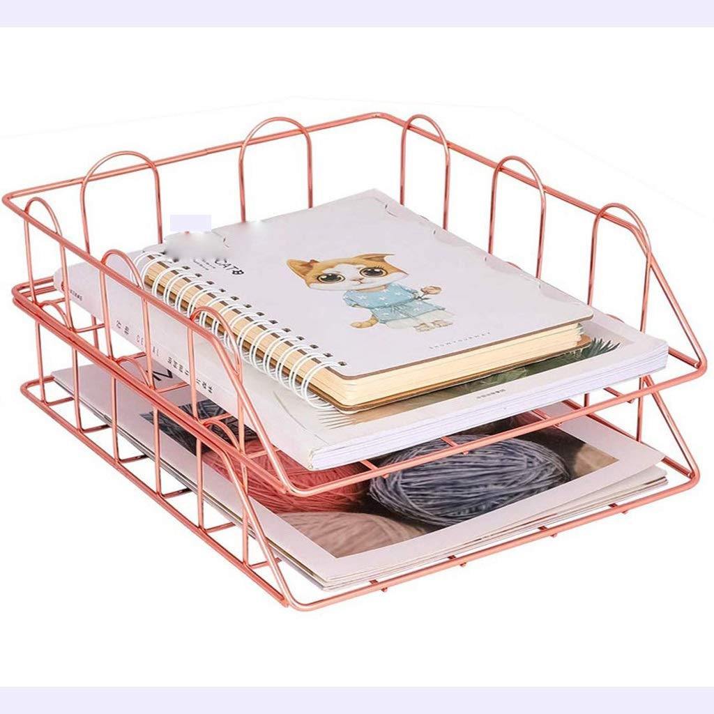 1 Set Of 2 Office Supplies Metal Stackable File Document Letter Tray Organizer, Rose Gold