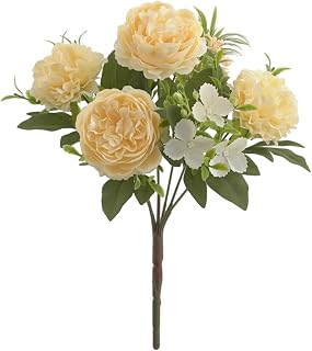 5 Branch 4 Heads Artificial Flowers Bouquet Faux English Cabbage Rose with Leaf and Stem Fake Plastic Plants Branch for Vase Home Farmhouse Floral Arrangement Table Centerpiece Decor (A-Yellow)