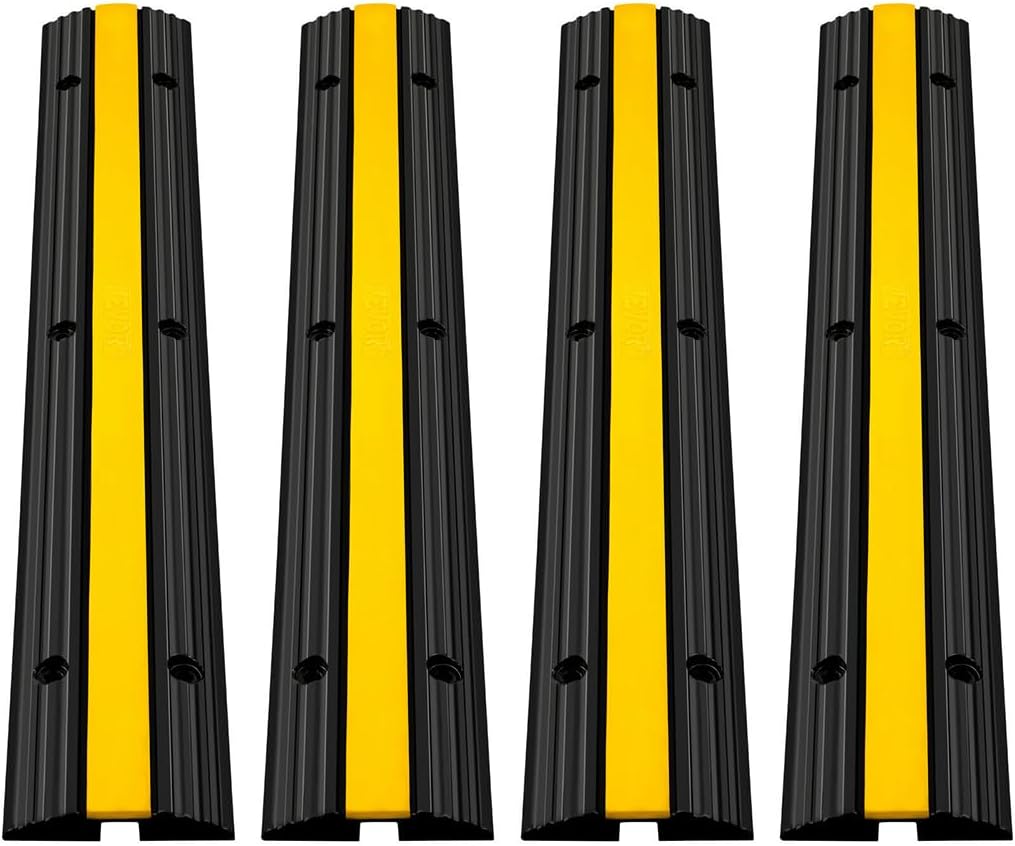 VEVOR 4 Pack of 1-Channel Rubber Cable Protector Ramps Heavy Duty 18000Lbs Load Capacity Cable Wire Cord Cover Ramp Speed Bump Driveway Hose Cable Ramp Protective Cover