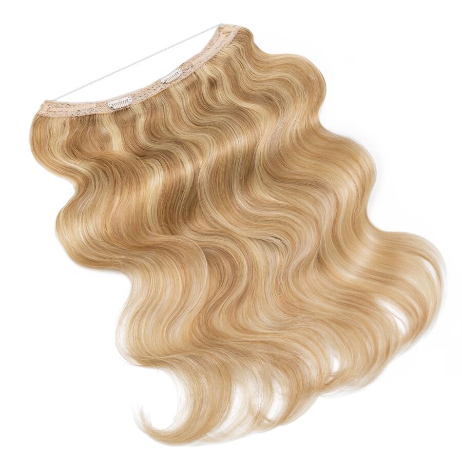 Halo Hair Extensions Wavy 18 Inch, Wavy Gold Blonde Mixed Bleach Blonde