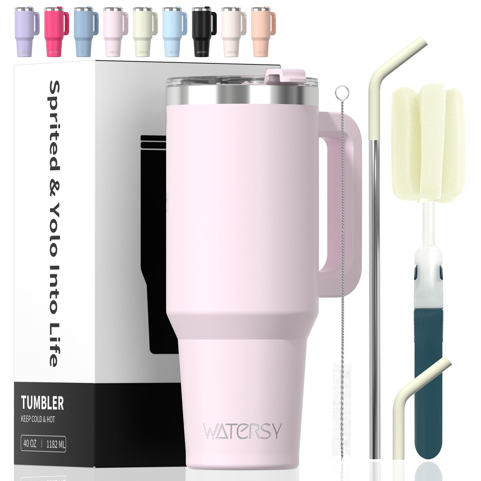 WATERSY 40 oz Tumbler with Handle,Tumbler with Lid and Straw,Double Wall Insulated Cup Stainless Steel Travel Mug(Cold for 34 Hours),Water Bottle for Iced Tea,Coffee,Cold Beverages(Rose Quartz)