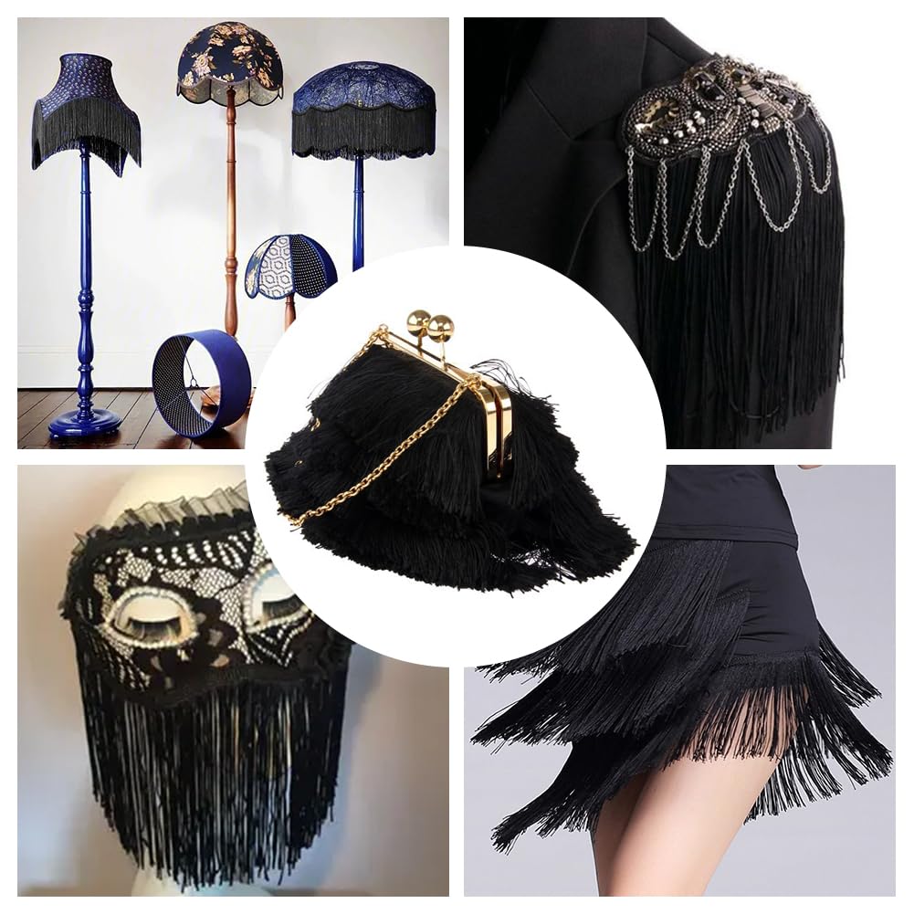 OLYCRAFT 10 m 6 inch Fringe Trim Lace Tassel Black Chain Fringe Ribbon Trim for Latin Dance Dress DIY Clothing Embellishment Lampshade and Decorations