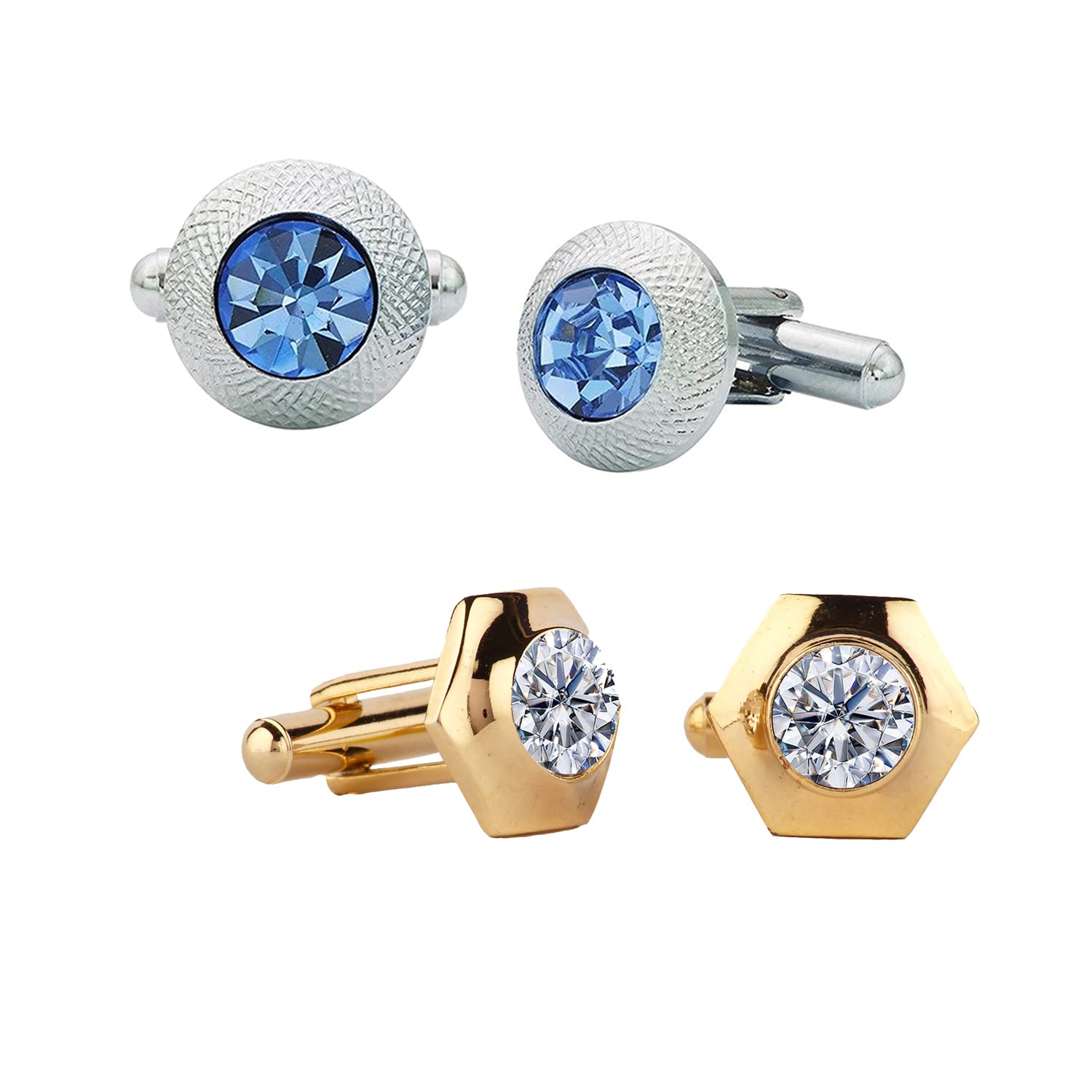 Aarohi Jewells Combo of Rhodium Plated Round Sapphire Blue & Gold Plated Hexagon Cut Stone Design Crystal Cufflinks Unique Chic Attractive Cuff Button Sleeve Button for Men & Boys ACMCFL-026 (B0C1ZZ5QDQ) Amazon Price History, Amazon Price Tracker