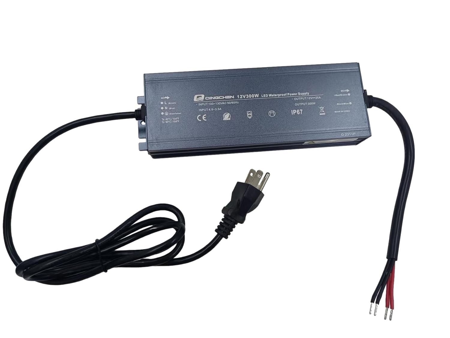 LED Power Supply 200W Waterproof IP67 12V DC 16.7A,AC to DC Transformer Adapter with Plug,100V-130V Input 12 Volt Constant Voltage Output Transformer Driver