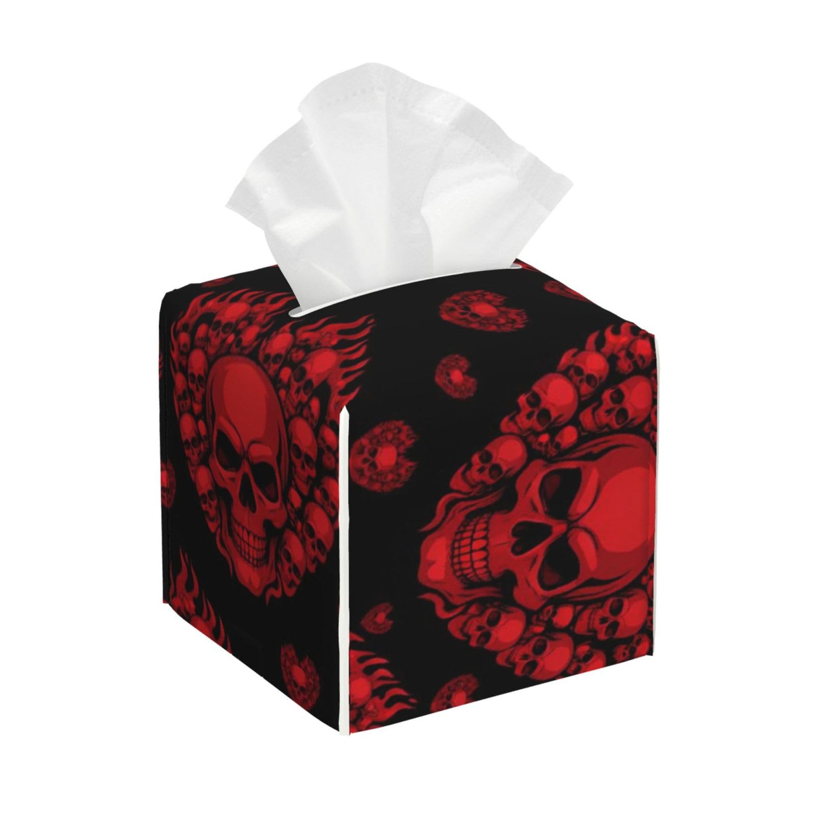 Red Skull Leather Tissue Box Cover Holder Square Facial Paper Organizer 5.2" X 5.2" X 5.2"