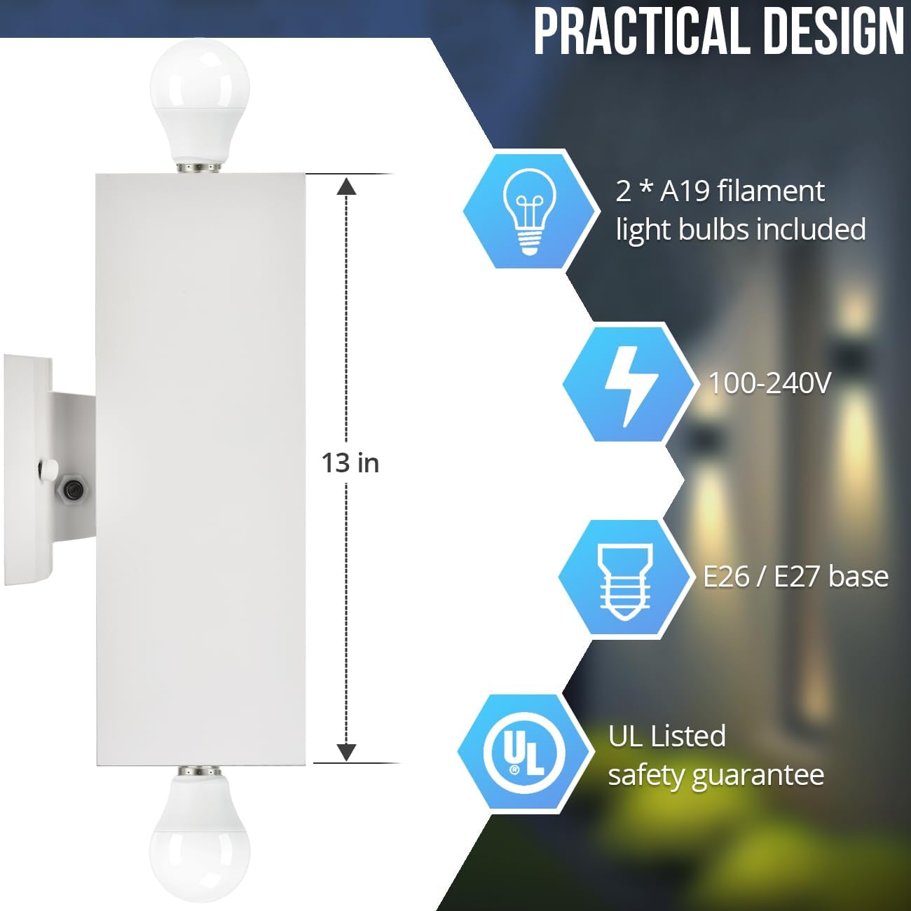 wowlite Modern Porch Lights Outdoor Wall Sconce, White Dust to Dawn Outdoor Lights, 13" Waterproof Square Exterior Lighting Fixtures, Aluminum Up and Down Light for House Garage Front Door, ETL Listed