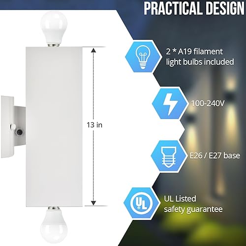 Miniatura 5 de wowlite Paquete de 2 luces modernas blancas para porche, luz exterior de polvo a amanecer, luces de pared impermeables para exteriores, iluminación