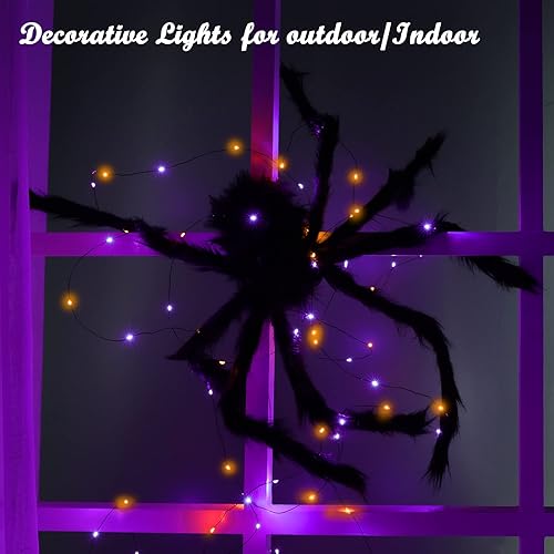 Miniatura 4 de Lomotech Paquete de 2 luces solares de Halloween, 33 pies, 100 luces LED naranja y morado de Halloween, impermeables, 8 modos de luces parpadeantes,