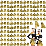 Leyndo 150 Pcs Pompoms Cheerleading Bulk Gold Metallic Foil Pom Poms with Baton Handle Cheerleader Pompoms for Sports Game Squads Dancing Party Football Basketball