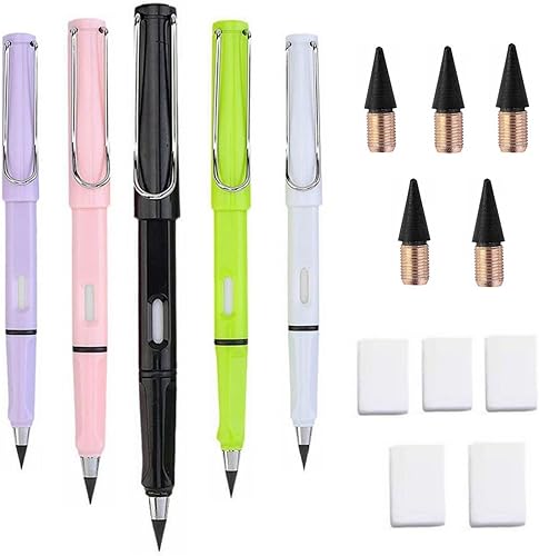 5 Pieces Everlasting Pencil, Inkless Pencils Eternal with 5 Replaceable Heads and Erasers, Lifelong Pencils Unlimited Writing Reusable Pencil for