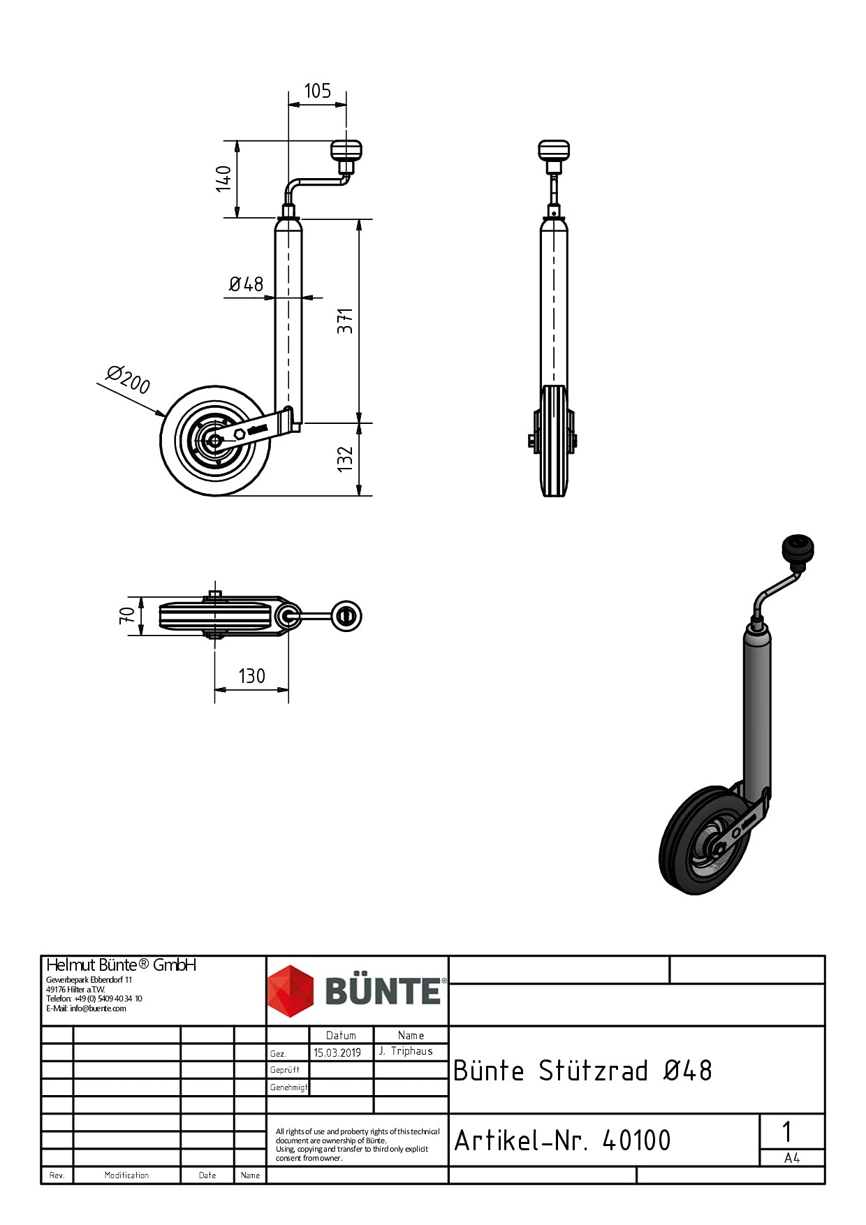 Stützrad Ø 48 mm, Ø 200 x 50 mm, BÜNTE Universal Bugrad für Anhänger Wohnwagen