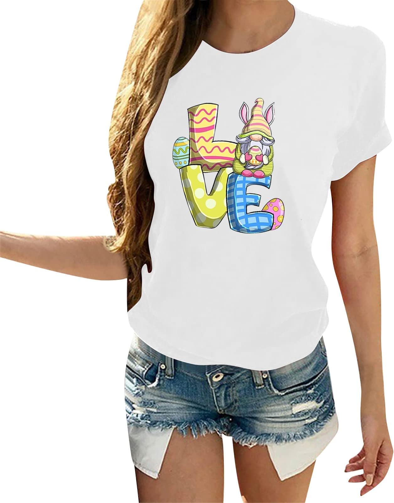 FlekmanArt Women's Summer Comfortable Easter Printing Blouses Fashion Casual Round Neck Tops 2023 Short Sleeve T Shirts