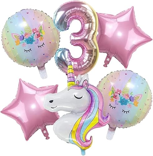 Unicorno Palloncini Compleanno 3 Anni, 6 Pezzi