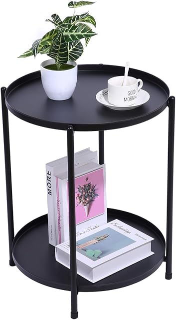 H JINHUI End Table, Round Metal Side Table with 2 Tiers, Indoor & Outdoor Anti-Rust and Waterproof Small Table, Living Room Drink Snack Coffee Tables with Removable Tray, Bedside Nightstand(Black)
