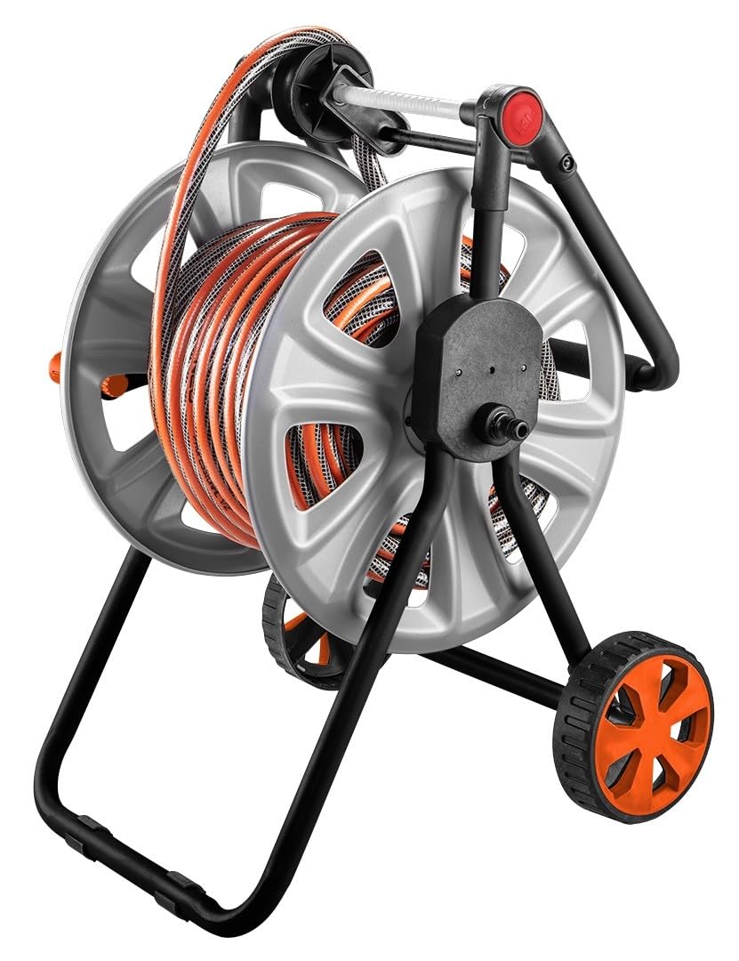 NEO TOOLS Wózek ogrodowy z wężem do 60 m, wąż ogrodowy (1/2") – bęben z metalu | zapobiega zginaniu węża, stabilny i trwały, antypoślizgowy i składany uchwyt, metalowa rama