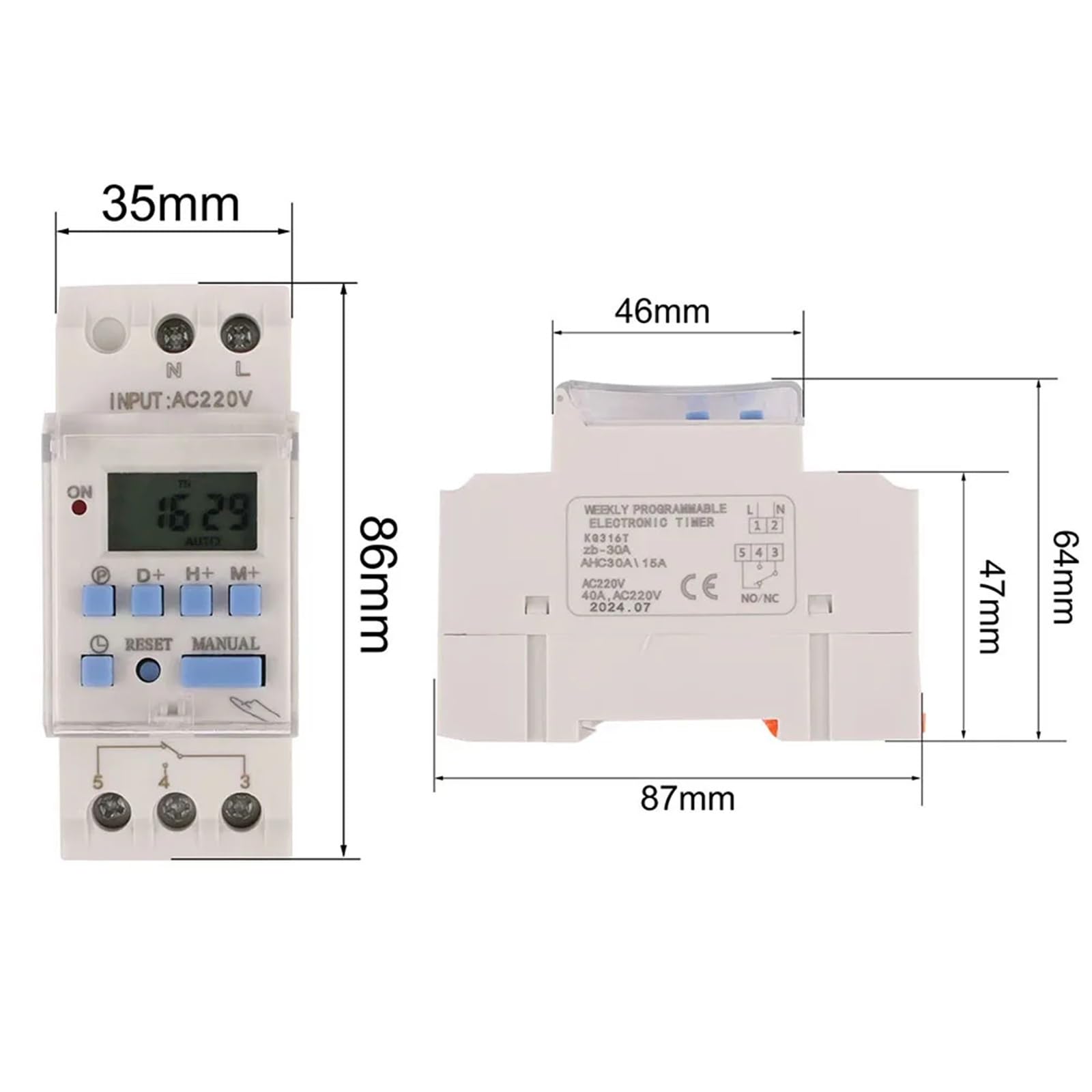 Temporizador 220V 110V 24V 12V AHC10A TE-4163 Temporizador de potencia digital LCD Relé de interruptor de tiempo programable 40A AHC40A Temporizador de control semanal(1NO 1NC,220V)