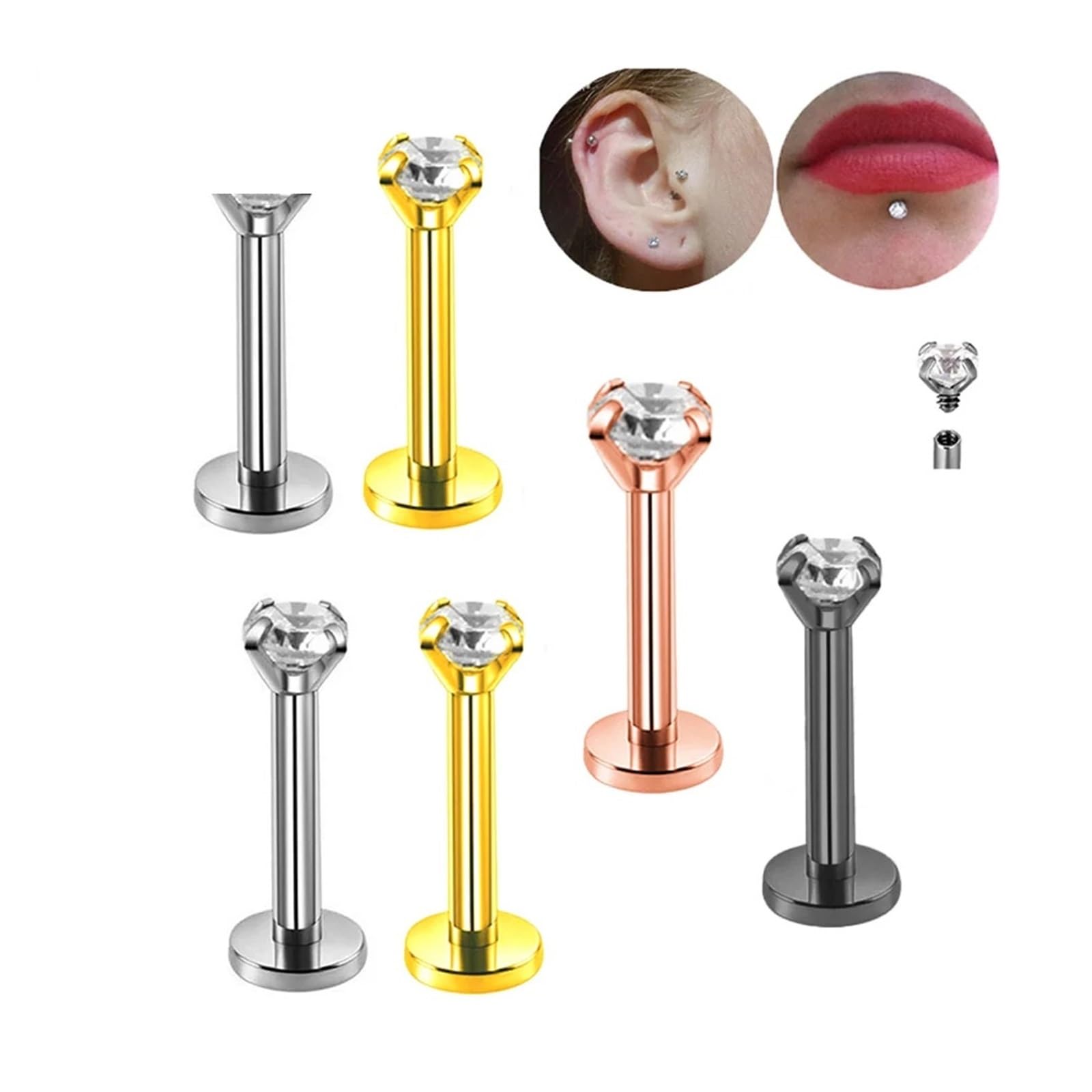 2/10 sztuk G23 ASTM F136 tytanu wewnętrznie gwint Piercing wargi nos Stud Labret zestaw kolczyków Tragus spiralna chrząstka biżuteria do ciała(1.2x8x4x4mm,10pcs Black)