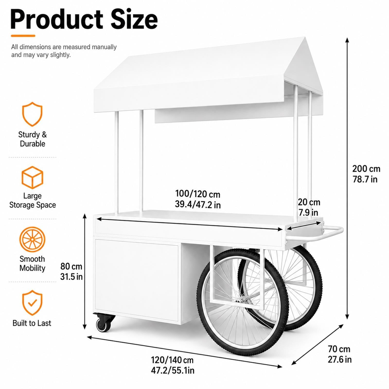 Carrello per Vendita Ambulante, Stand per Mercati con Ruote e Tendalino