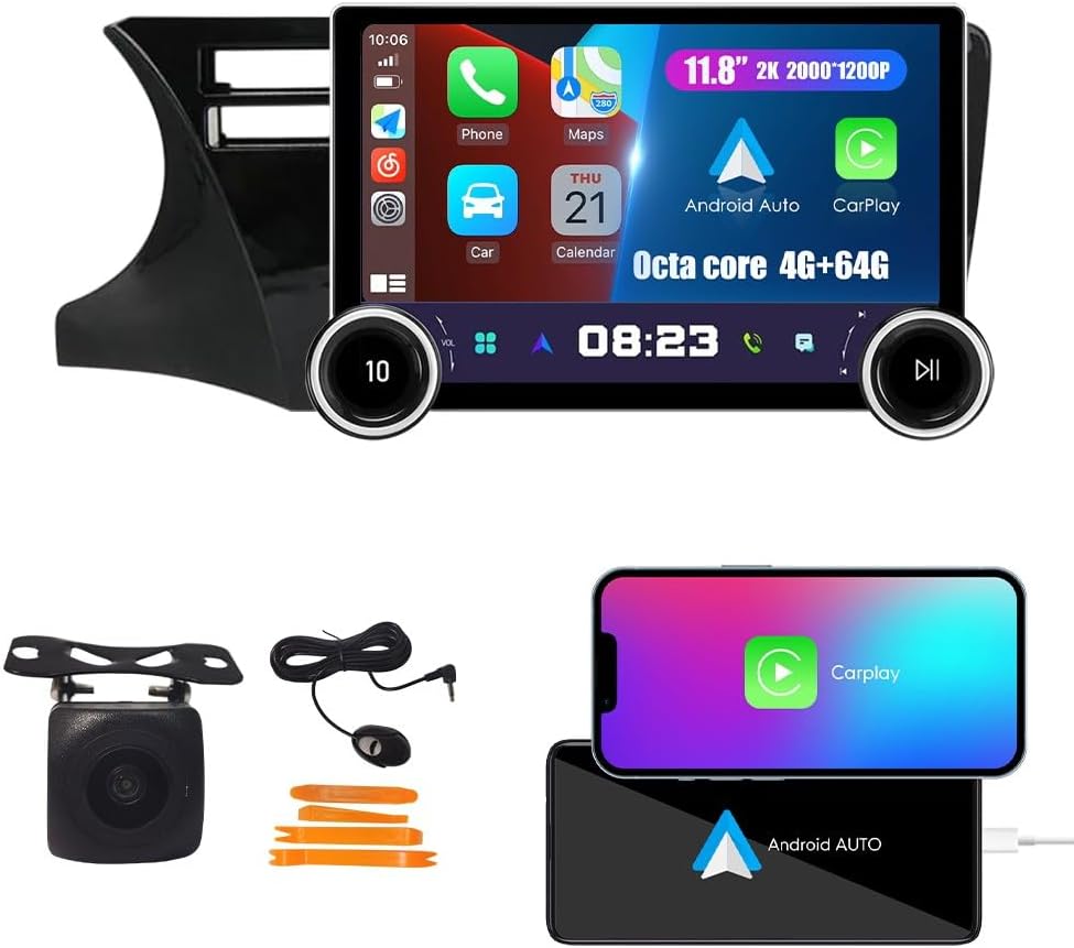 For Honda City 2014-2017（LHD）Display Knobs CarPlay/Android Auto Autoradio FM Radio Car Navigation Stereo Pad Player GPS 11.8" QLED Touch Screen BT WiFi 2 Din Headunit Tablet Octa Core 4G+64G (2 Hole)