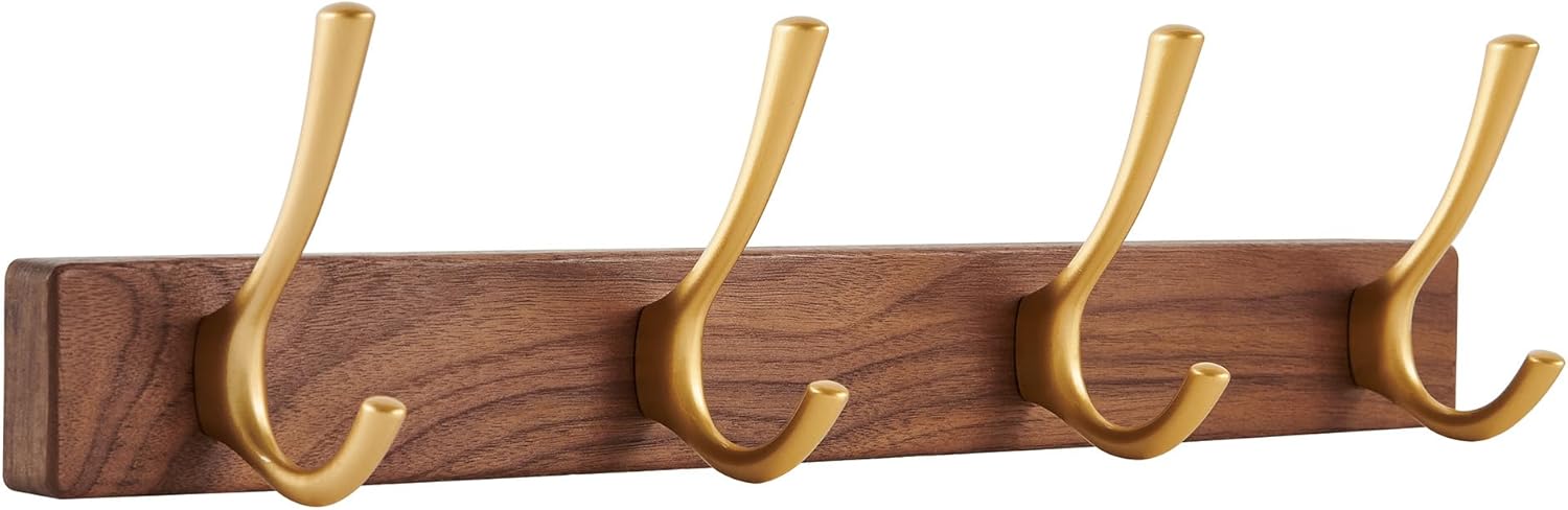 16 Inch Small Walnut Wood Coat Rack Wall Mount with 4 Hooks, Adhesive & Drilling Mounted, Heavy Duty Wooden Wall Coat Hanger Hanging Towel Clothes Hat Bag Purse Key Jacket Backpack Holder Gold