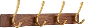 16 Inch Small Walnut Wood Coat Rack Wall Mount with 4 Hooks, Adhesive & Drilling Mounted, Heavy Duty Wooden Wall Coat Hanger Hanging Towel Clothes Hat Bag Purse Key Jacket Backpack Holder Gold