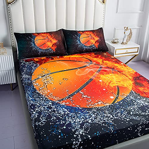 Roscloud Sports Basketball Sheet Sets Twin Size - 2Pc Ice Flame Galaxy Basketball Boys Fitted Sheet（Fitted Sheet*1 Pillowcases*1） #TOP2