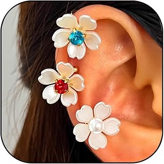 Dainty Flower Ear Cuffs for Women Gold Plated Non Piercing Ear Clips | Gold plated copper & acrylic, lightweight secure fit, dainty floral design for daily office party, ideal gift for women
