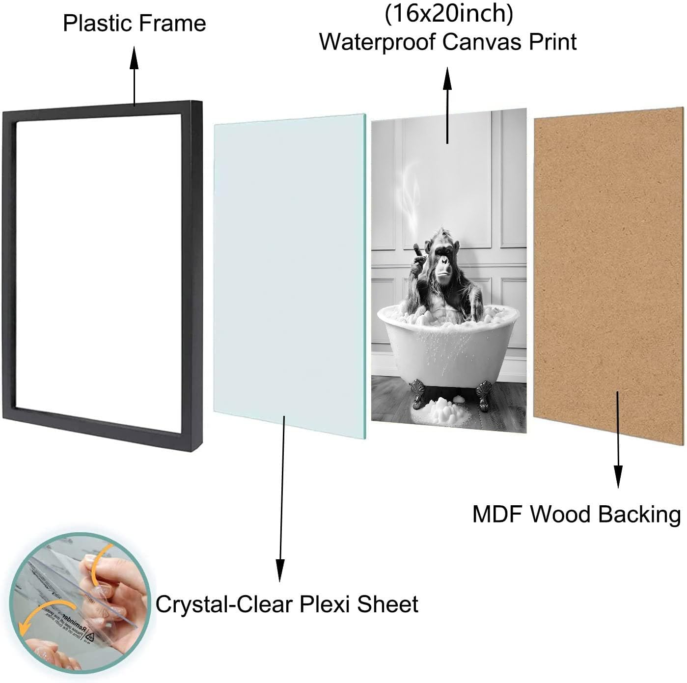 Framed Bathroom Decor Wall Art, Chimpanzee in Bathtub, Black and White Wall Art, Funny Bathroom Wall Decor Signs, Cute Animal Art Decoration (Framed,16''x20'')