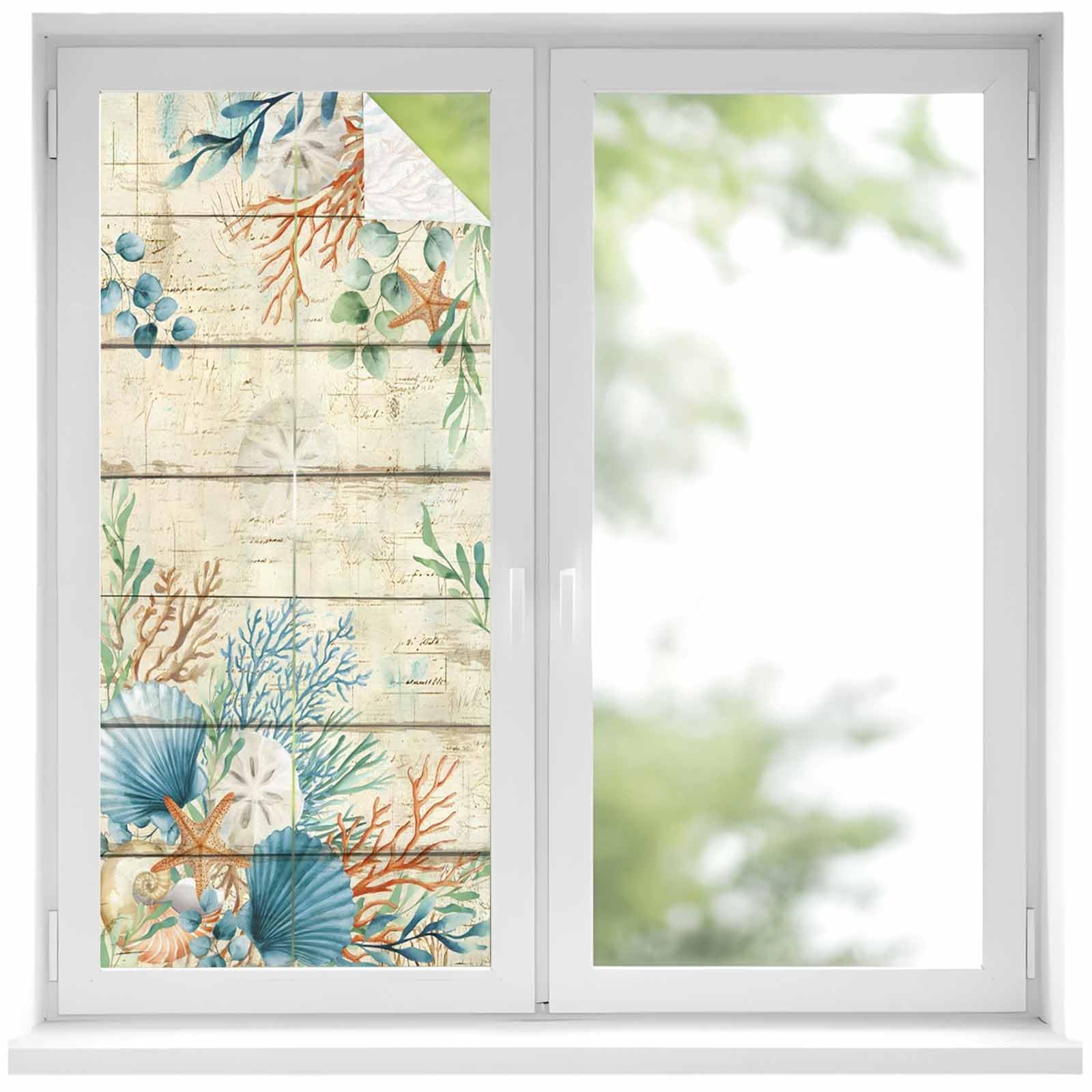 Beige Beach Coastal Window Privacy Film, Summer Nautical Coral Shell Botanical Vintage Static Cling UV Sun Blocking Window Tint Day and Night, Non-Adhesive One Way Windows Privacy Cover 19.6''x39.3''
