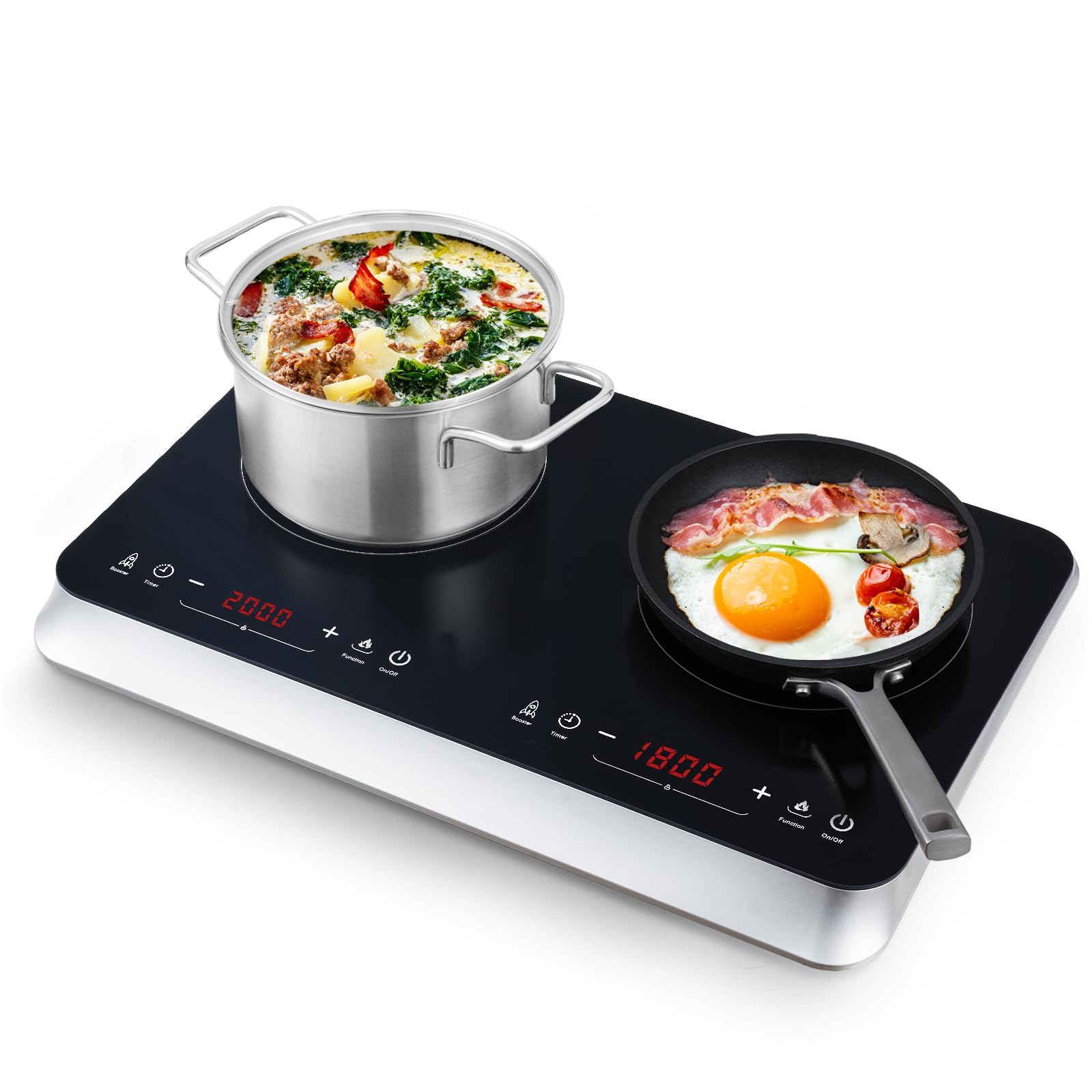 AOBOSI 1800W Double Induction Cooktop, Low Noise, 2 Burners, 10 Temperature Levels, 3-Hour Timer