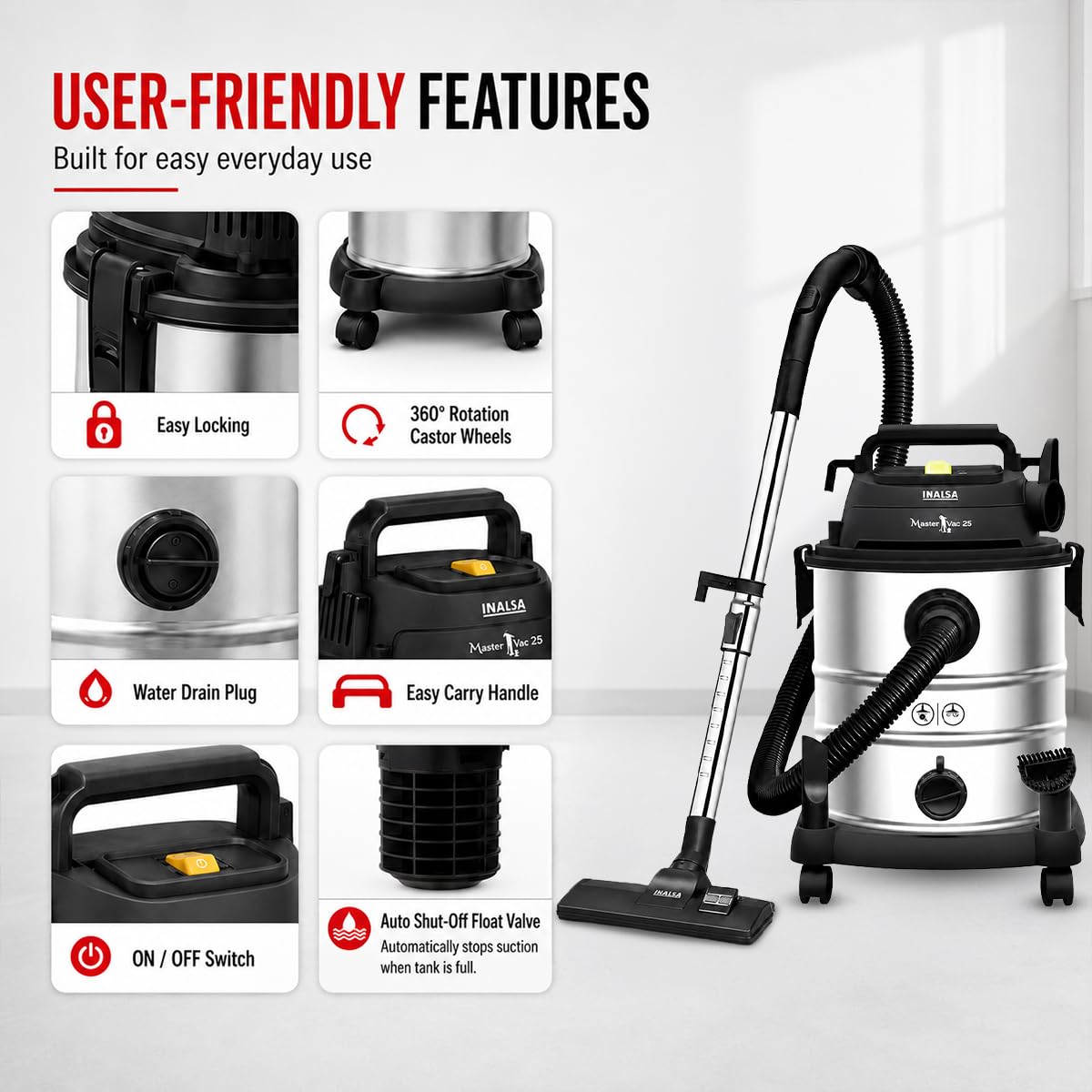 INALSA Vacuum Cleaner Wet and Dry Heavy Duty 1700 W & 25 Ltr Capacity|22KPA Suction|HEPA Filter & Metal Telescopic Tube|2 Year Warranty|SS Metal Tank|For Home,Office,Hotel Cleaning (Master Vac 25) 4