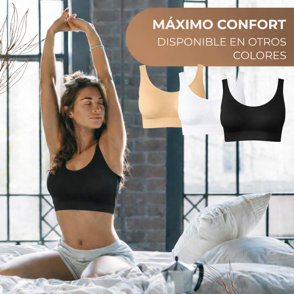 UnsichtBra Mujer Set de 3 Sujetadores | Bralette Sin Aros | Ultra Cómodo e Invisible | Antisudor | Sin Costuras | Elástico y Transpirable | Negro, Blanco, Beige | Lencería de Algodón