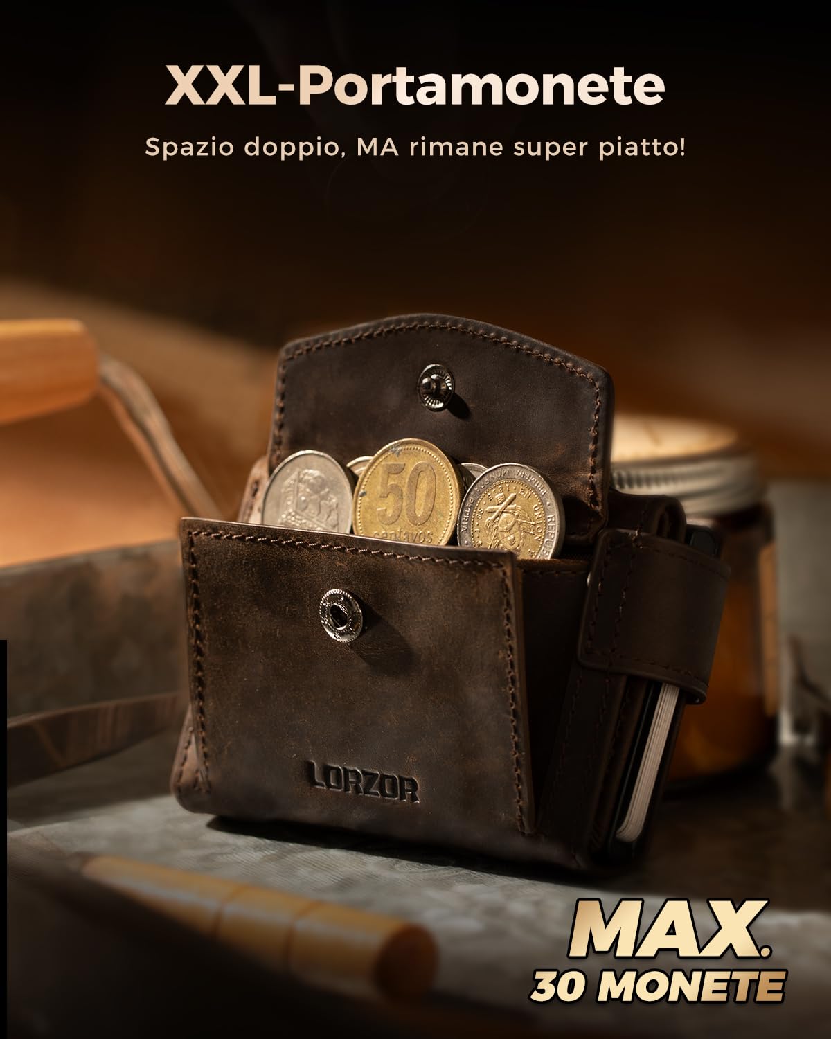 LORZOR Portacarte Uomo con Portamonete XXL, Portafoglio Uomo Slim con Chiusura Magnetica, Porta Tessere Tascabile, Porta Carte di Credito in Pelle con Protezione RFID, Wallet Pop-up per 10 Carte