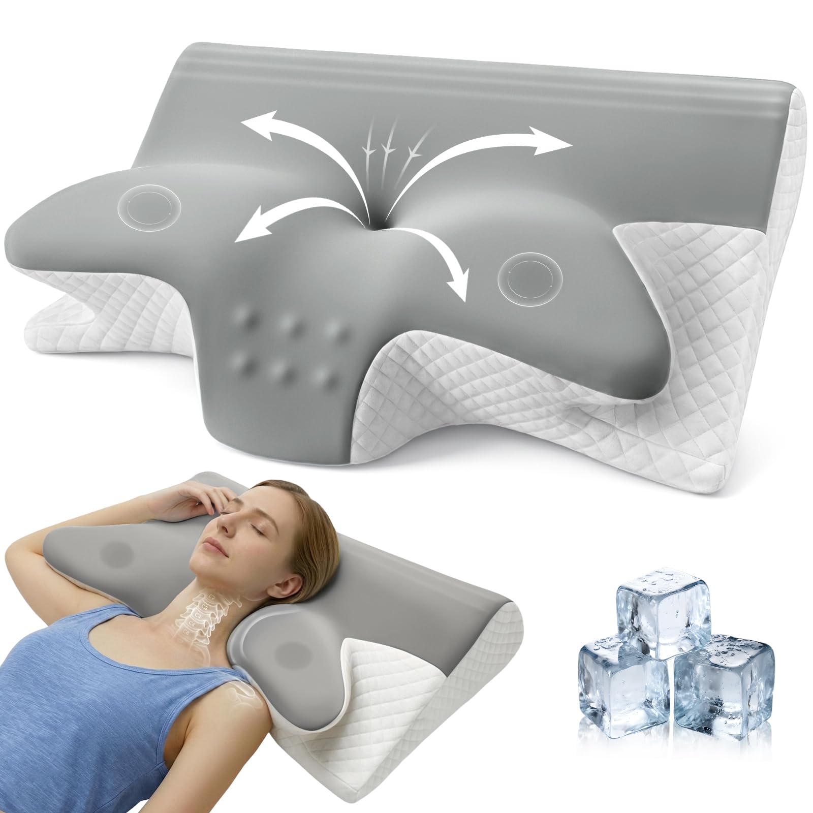 Almohada 2 en 1 de Espuma con Memoria, Ergonómica y Reversible | Doble Altura Soporte Cervical Perfecto para Dormir de Lado, Boca Abajo y Espalda, 60x42x14/12 cm, Gris y blanco