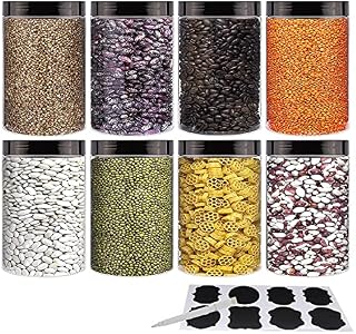 8 Pack 25 oz Plastic Jars With Lids, Extra Labels, 1 Pen, Clear PET Seal Jar for Food Storage,Wide Opening Storage Jar for Dry Food, Peanut, Powder, Kitchen & Craft Storage by YBCPACK