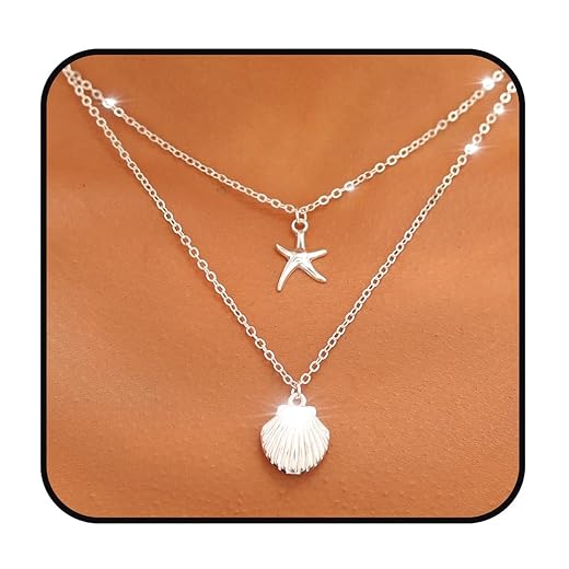 Yalice Layered Starfish Necklace Chain Boho Shell Necklaces Beach Jewelry for Women and Girls (Silver)