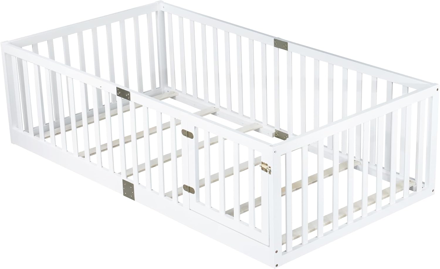 Twin Montessori Floor Bed with High Rails & Door and Slats for Kids Bedroom,High Rails Bed Frame with Safety Guardrails, No Box Spring Needed, White