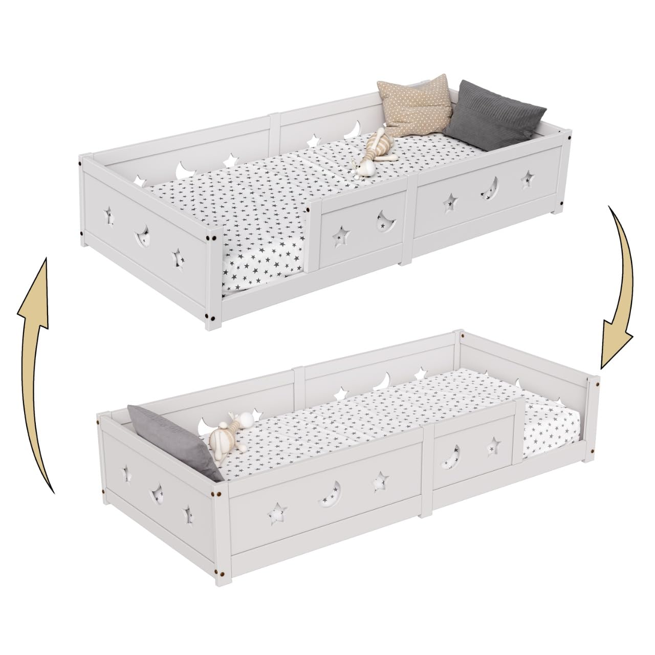 Cama en el suelo para bebé, 90 x 200 cm, cama en el suelo de inspiración Montessori, camas infantiles de madera con barrera de seguridad y somier de láminas, camas individuales para niños y