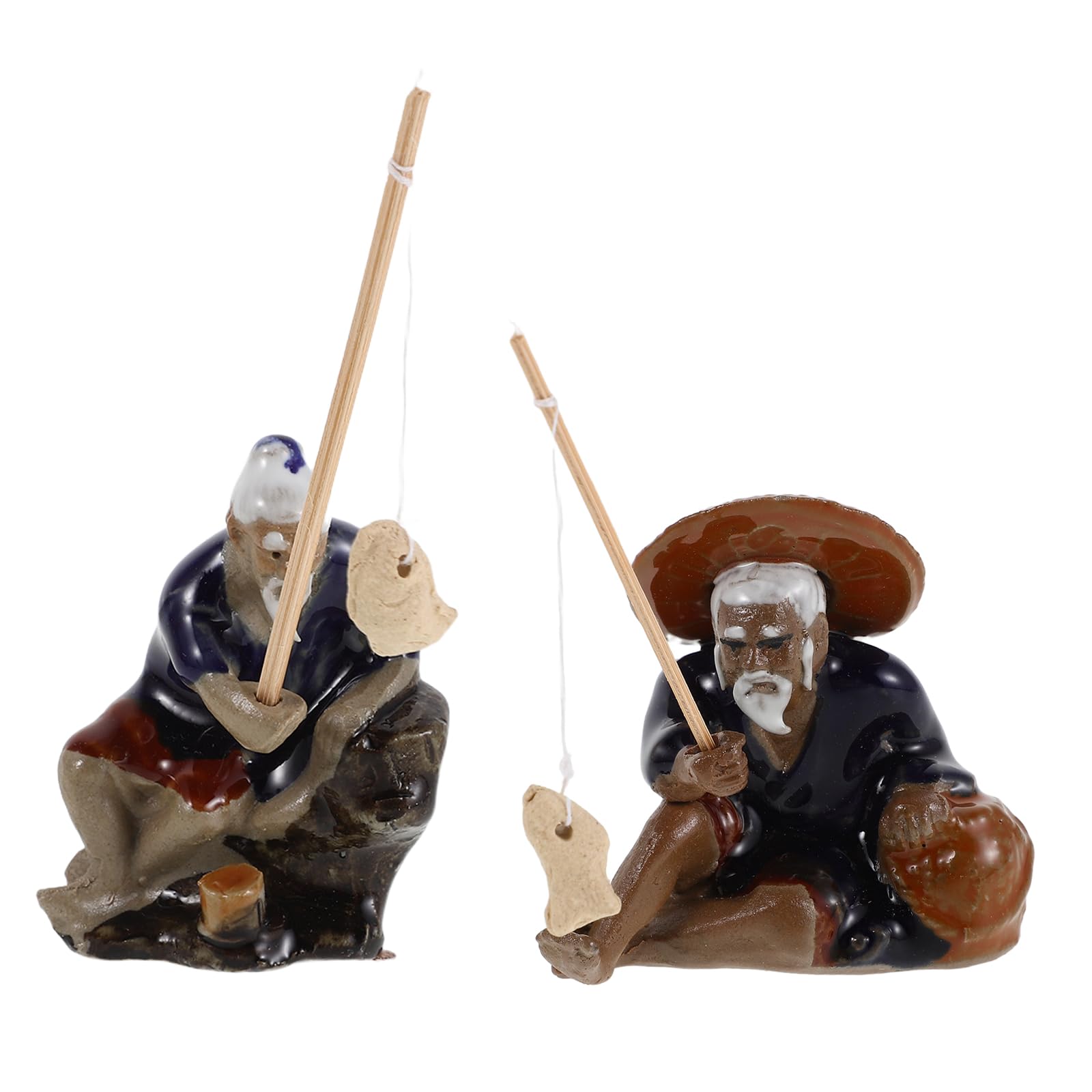 Toddmomy Miniature Ceramic Fisherman Figurines 2Pcs Micro Landscape Statues Featuring Sitting Fishermen for Indoor Bonsai and Aquarium Decoration Sturdy and Lightweight Design