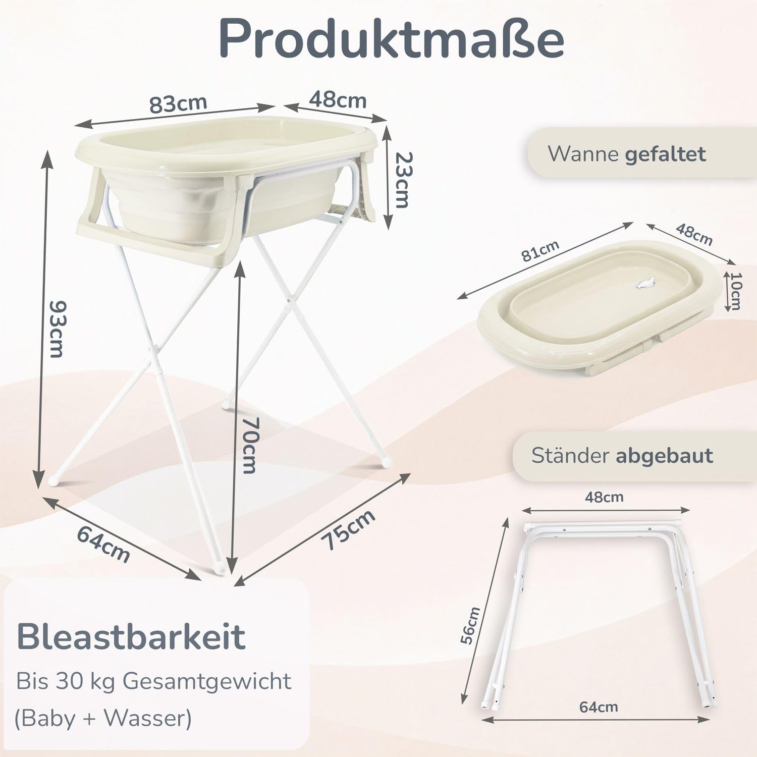 Babykajo Babybadewanne faltbar mit Ständer, Ablaufschlauch & Thermometer-Sticker, 4-teiliges Set ab Geburt, BPA-frei, EU gefertigt, 81x48x23 cm, Babywanne bis 16 Monate