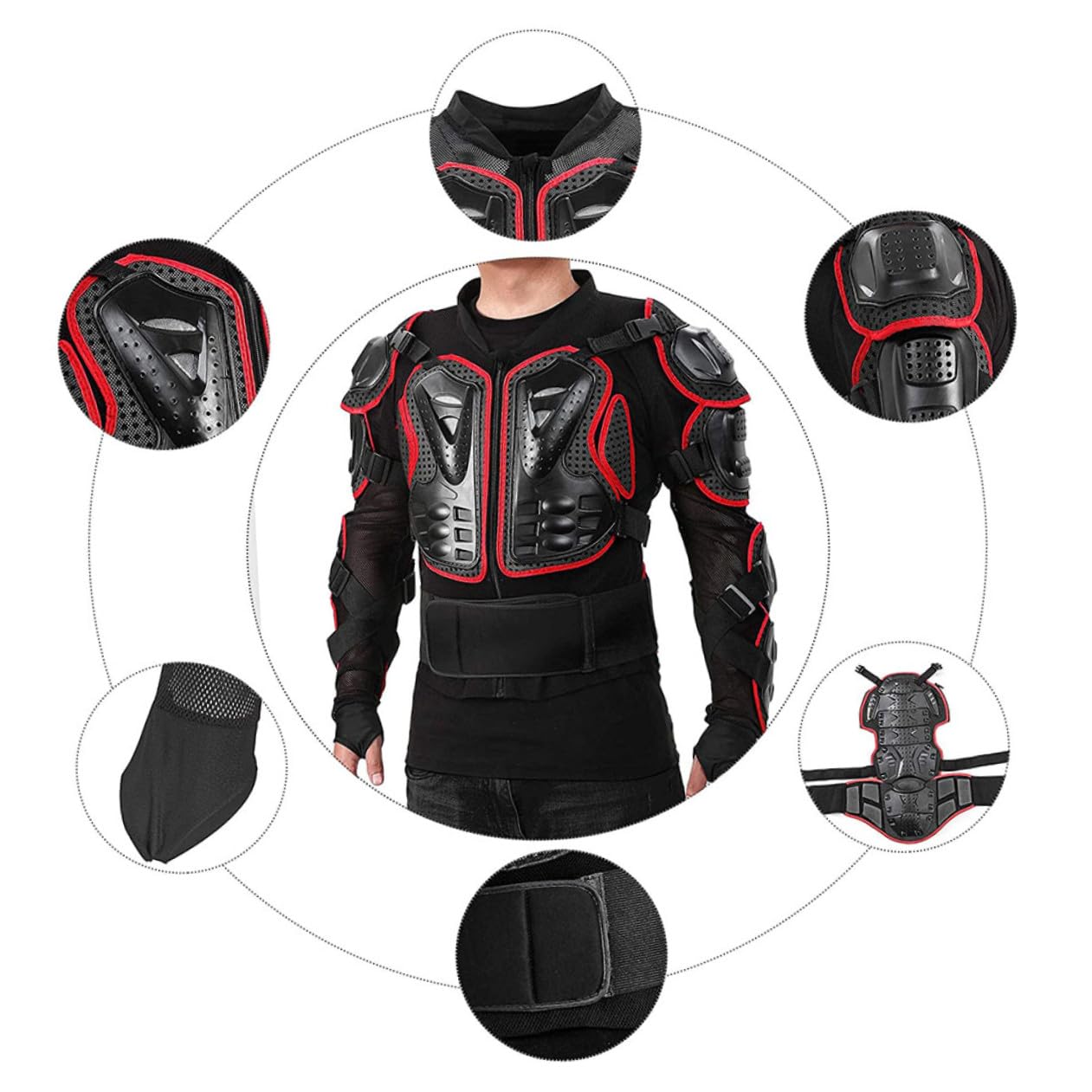 ORFOFE Gilet de Protection Moto Rouge Xl en Tissu et Mousse Anti-chute | Protections Dorsales et Lombaires Amovibles, Rembourrage Latéral Épais, Ceinture Élastique Réglable