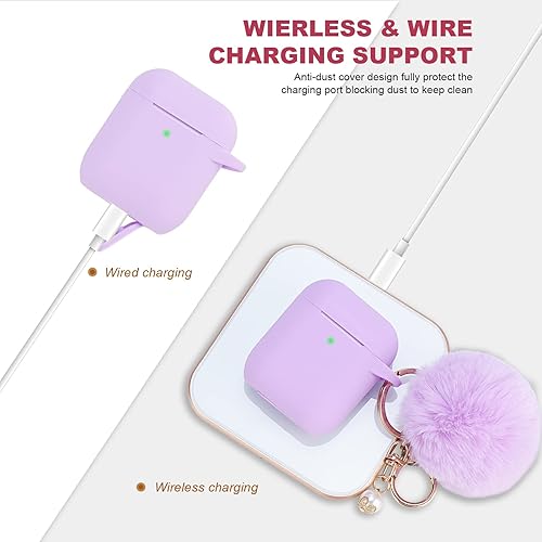 Miniatura 3 de Bonita funda morada para mujer, bonita funda diseñada para AirPods con pompones, funda protectora de silicona compatible con AirPods 12, accesorios