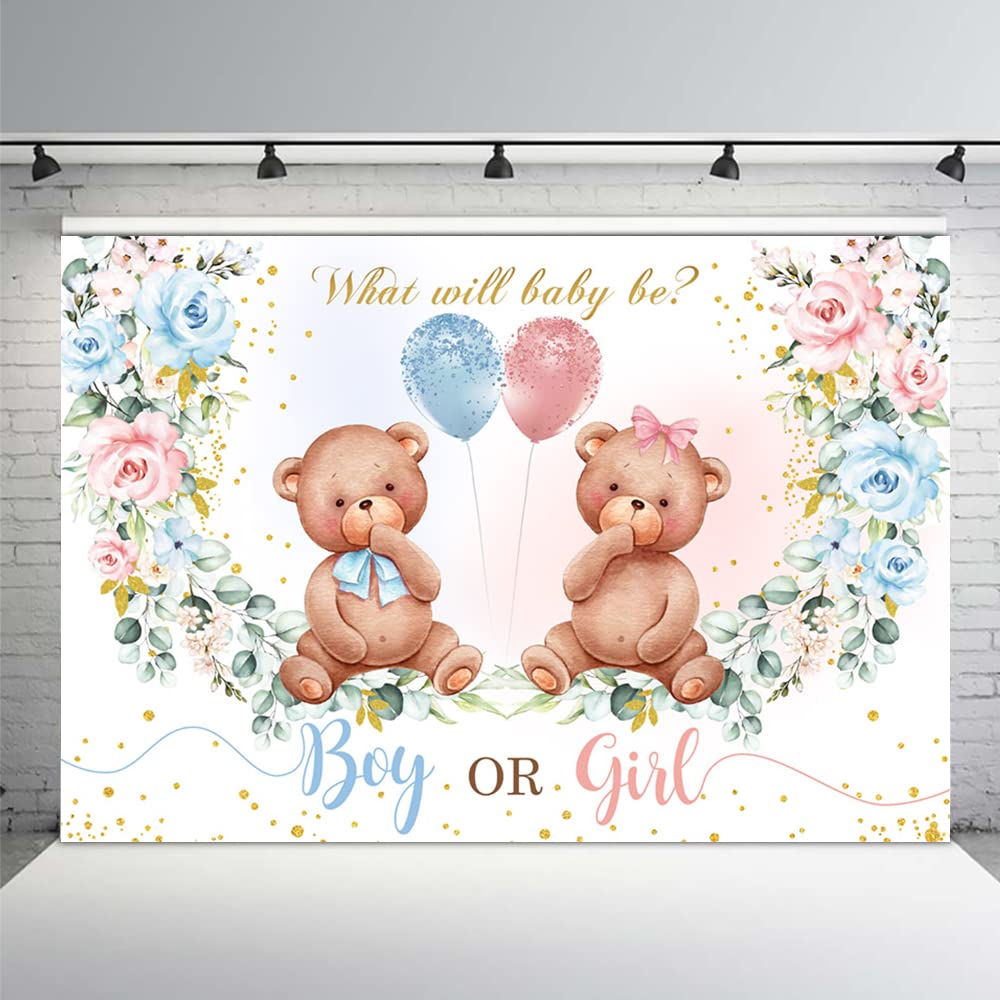 MEHOFOND 8x6ft Bear Gender Reveal Baby Shower Party Backdrop Boy or Girl Blush Pink Blue Floral Photography Background Party Decor Blue and Pink