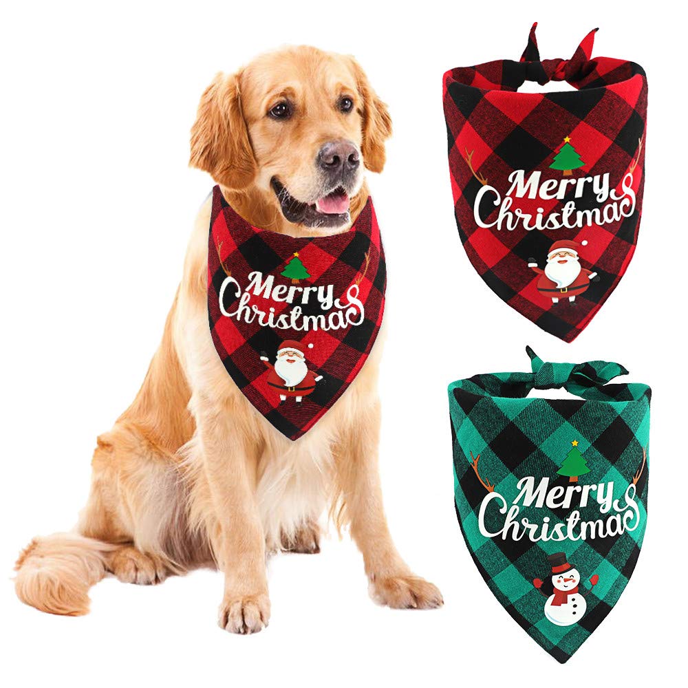 VIPITH 2 Piece Double-Sided Cotton Dog Christmas Bandanas, Classic Plaid Triangle Bibs Scarf, Washable Adjustable Kerchief Set Pet Costume Accessories for Small Medium Large Dogs Cats Pets