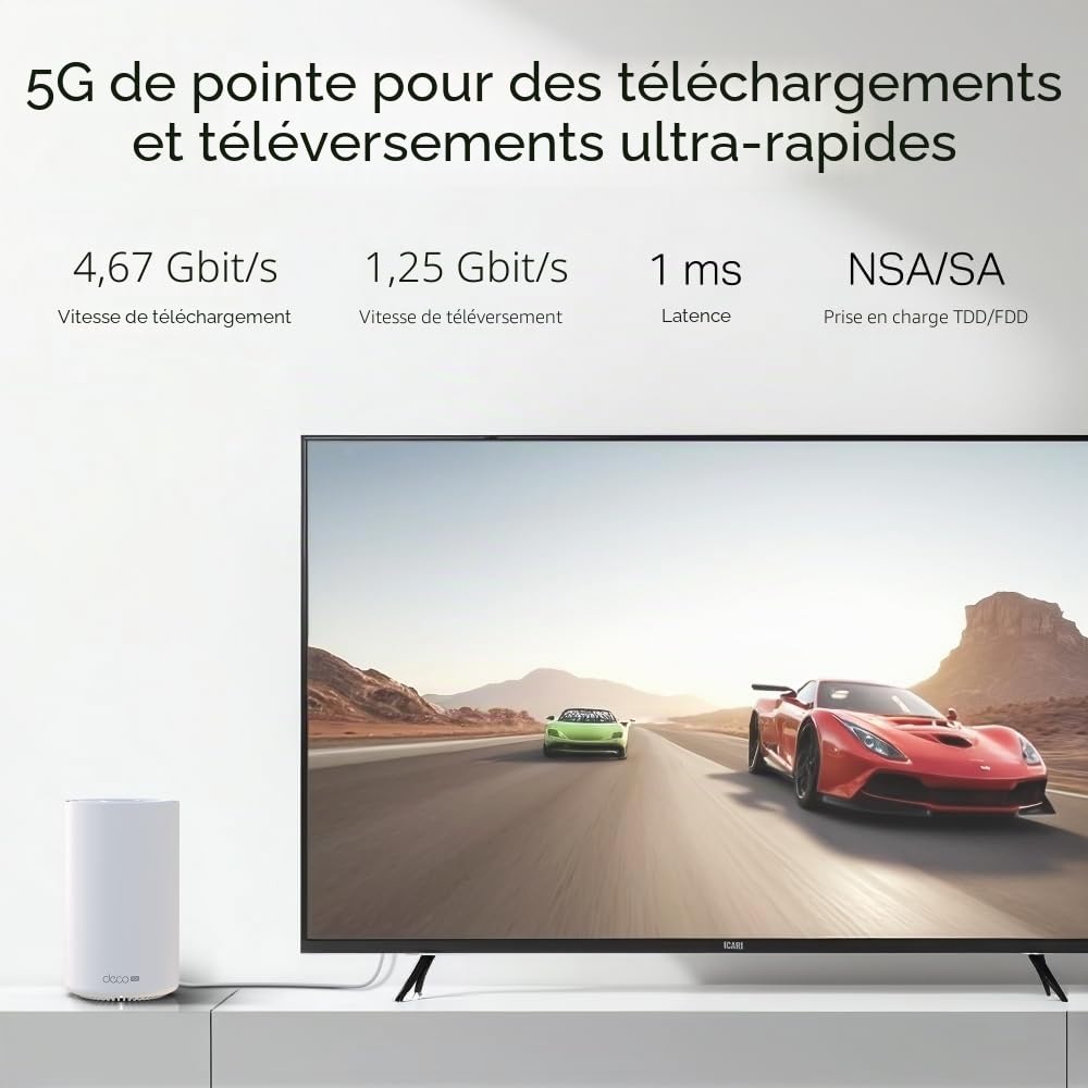 TP-Link Deco X1500-5G LTE Routeur Wi-Fi 6 AX1500, 5G jusqu'à 4,67 Gbit/s en téléchargement et téléchargement de 1,25 Gbit/s, 3 ports Gigabit, compatible Deco Mesh, géré uniquement par application, pas